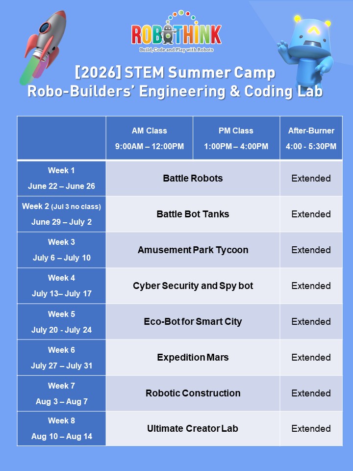 robotics & coding summer 2026 summer camp schedule